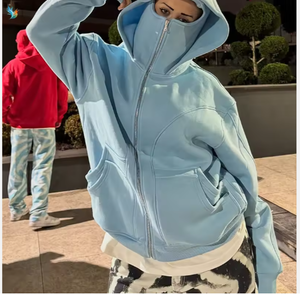 เสื้อฮู้ดดี้ผู้ชายสไตล์วินเทจแบบสองชั้น ซิปคลุมหน้า มีฮู้ด กระเป๋า ทรงหลวม ไหล่ตก ผ้าหนา น้ำหนักมาก ทรงโอเวอร์ไซส์ - Product Image 3