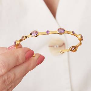 Bracelet manchette en argent ouvert pierre violet améthyste Bracelet multi pierres précieuses Bracelet manchette femme flexible de créateur texturé pour elle - Product Image 4
