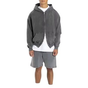 ชุดเซ็ตเสื้อฮู้ดซิปและกางเกงขาสั้นผู้ชายสไตล์วินเทจ ล้างสีแบบแอซิด  ชุดสองชิ้นสำหรับผู้ชาย เสื้อฮู้ดซิปคู่สำหรับผู้ชาย - Product Image 1