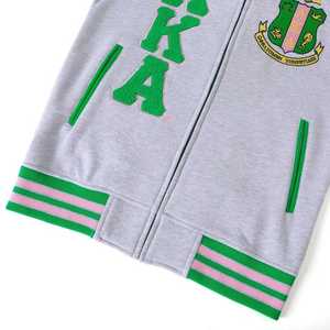 Chaqueta universitaria unisex AKA Heather Grey Fleece con bordado de chenilla verde con letras griegas, estilo universitario, de algodón premium con cremallera. - Product Image 3