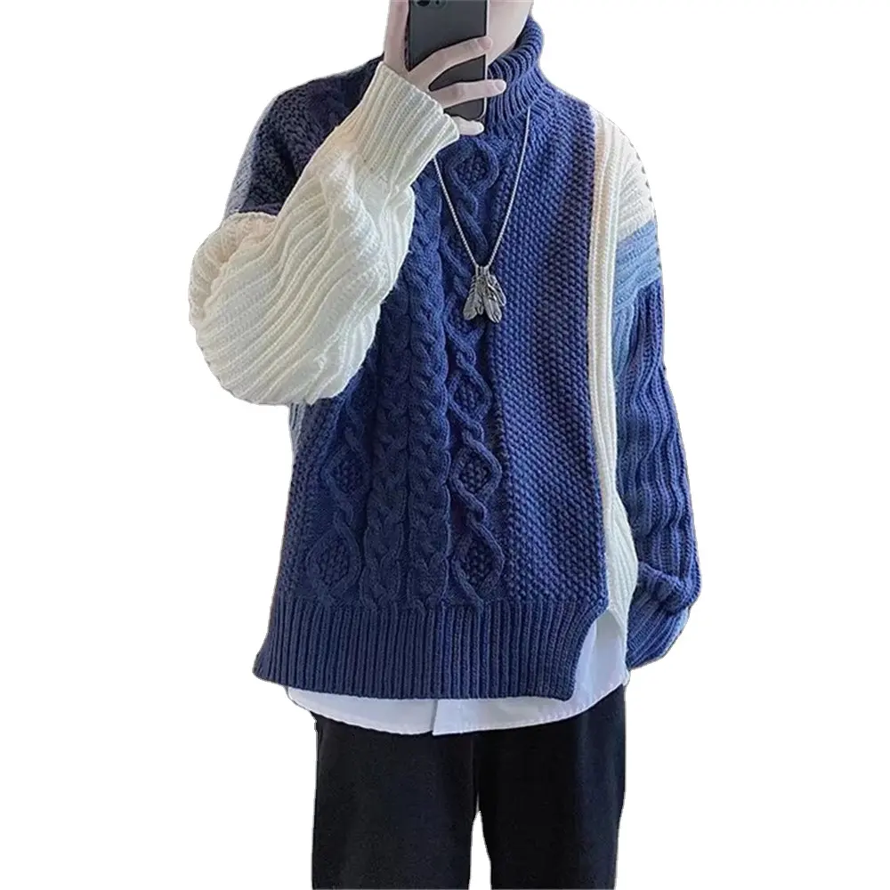 Split Hemline Twist Turtule Neck Off Shoulder Suéter de hombre Otoño Patchwork Suéteres para hombre Azul Gre