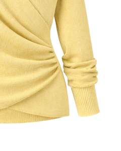 Pull en tricot jaune pour femmes, style enveloppant, manches longues, col en V, doux, décontracté, haut d'hiver élégant, pull tendance pour femmes pour un usage quotidien - Product Image 5