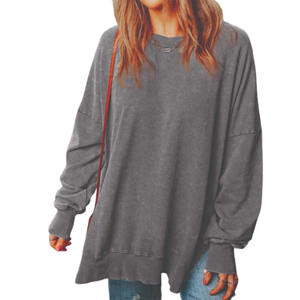 Gris surdimensionné fente ourlet sweat femmes coton lourd polaire col rond pull palangre goutte épaule Logo personnalisé Streetwear - Product Image 1