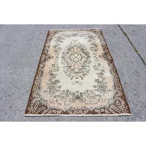 4x6.7 ft Vintage Rug, Turkish Area Rug, <b>Brown</b> White Persian <b>Wool</b> Rug - Product Image 1