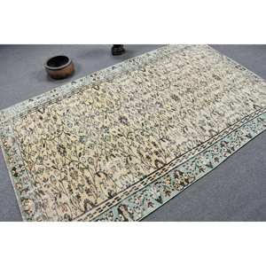 Tapis turc vintage 4'9 "X 8 'beige bleu patchwork laine fait à la main style boho tapis de chevet Latex support couloir rectangulaire - Product Image 2