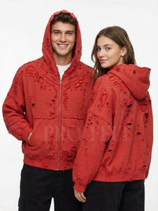 Custom Made Puff printed Logo Design Distressed Hoodie with Zipper Oversized Casual Frayed Edges Front Pockets Zipper Hoodies - Product Image 3