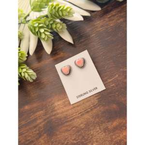 Larson Chee Pink Conch & Sterling Silver <b>Post</b> Heart Stud <b>Earrings</b> with Diamond 14K Gold Rose Gold Bezel Setting - Product Image 4