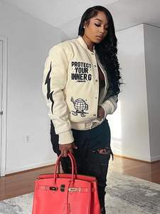 Women's Vintage Unisex Varsity Jacket 100% Cotton Baseball Bomber Sweatshirt College Casual Streetwear <b>Coats</b> Women's Streetwear - Product Image 3