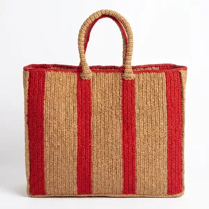 Sac fourre-tout bohème rayé en crochet, écologique, décontracté, unisexe, avec deux poignées, durable, ouverture supérieure, usage quotidien, beige, rouge, jaune - Product Image 2