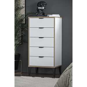 Commode moderne Arden à 5 tiroirs en bois blanc, meuble de rangement pour buanderie, chambre et salon, mobilier écologique, organisateur de maison - Product Image 2