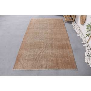 Tapis en laine marron classique moderne de 3.9x6.6 pieds, motif patchwork fait à la main avec support en latex pour adolescent, salon ou couloir - Product Image 1