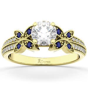 Bague de fiançailles papillon en or jaune 18 carats avec diamants et saphir bleu - Product Image 1