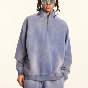 Sudadera personalizada de lana y algodón pesado, ropa de calle de gran tamaño para hombre, sudadera con media cremallera y cuello levantado y 14 cremalleras, sudaderas con capucha lavadas con ácido - Product Image 1