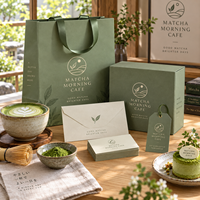 Ensemble d'emballages personnalisés AT PACK pour matcha avec boîte cadeau et sac en papier imprimés du logo pour les cafés de matcha, les salons de thé et les marques de boissons