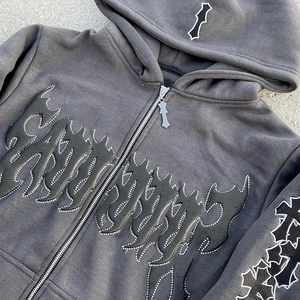 2024 vêtements de luxe personnalisé mode Streetwear surdimensionné recadrée ourlet brut Vintage sweats à capuche et survêtement ensemble coton pierre lavage à l'acide costume - Product Image 4