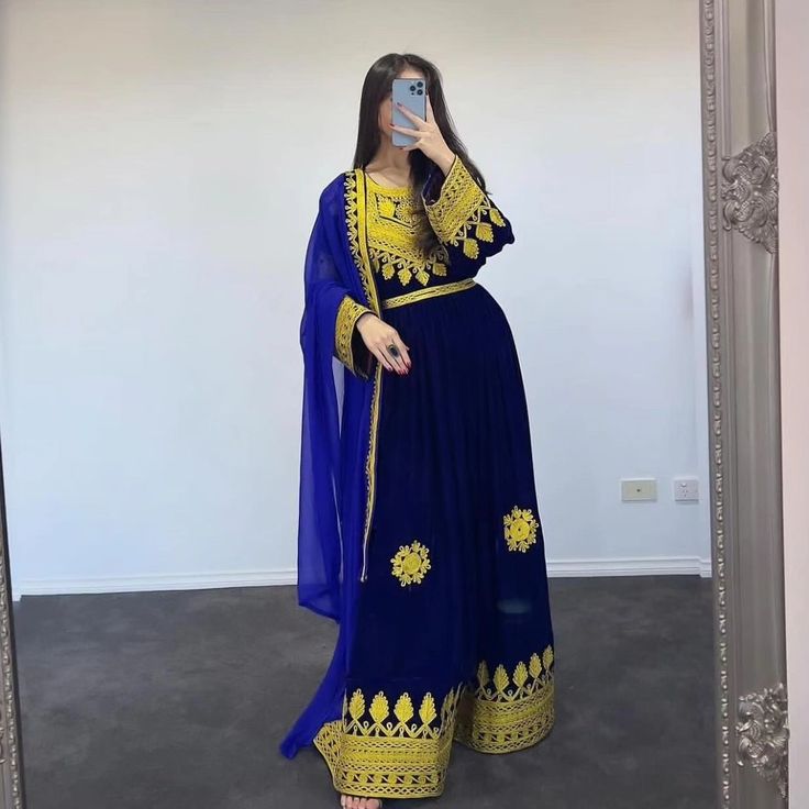 slim fit dress slacks Blue color net gown with golden work – Panache Haute Couture main image 1
