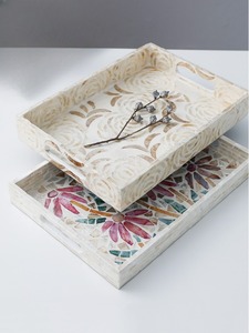Plateau de service rectangulaire en nacre et résine MDF, produit de luxe exquis pour la présentation des fruits et des gâteaux - Product Image 5