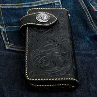 Dompet Kulit Hitam Panjang Model Biker Ukiran Tangan Motif Bunga Barat dengan Kancing Tekan, Produsen OEM Dompet Kulit Panjang