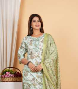 Ensemble Kurta Pantalon Dupatta en coton vert menthe avec col noué, broderie florale et travail de miroir, coupe droite mi-longue pour femmes - Product Image 6
