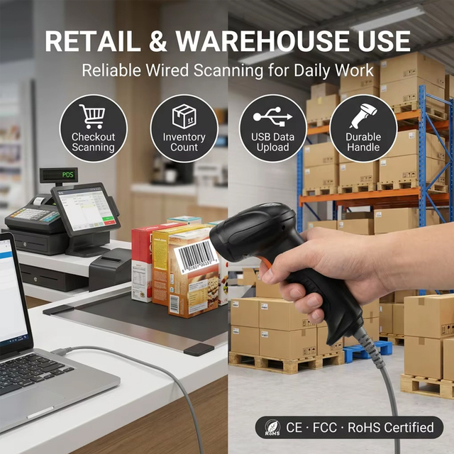 WCMI SD5231 Handheld Wired 1D QR Bar Code Reader Wired Laser Barcode Scanner for Receipt Cash Register Inventory Bank Cheque
