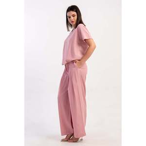 KADIN KIBRIS V YAKA KISA KOL BLUZ CEPLI PILI KASELI BOL PANTOLON TAKIM - สีชมพู - สีชมพู - Product Image 3