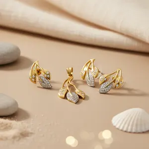 Women's 18K Gold Plated Leaf <b>Jewelry</b> <b>Set</b> with CZ Stones 100% Copper for Bridal <b>Pearl</b> Gift Occasions - Product Image 3