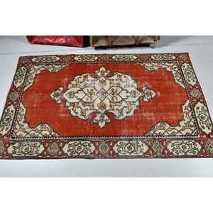 Vintage Turkish Rug 3.5x5.7 ft (107x175 Cm) <b>Red</b> <b>Wool</b> Patchwork Rug with Latex Backing Eco-Friendly - Product Image 2