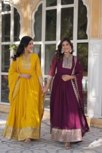 Grootinn filles élégantes robe traditionnelle Anarkali georgette broderie séquence travail prêt à porter costume de mariage pour les fêtes - Product Image 6