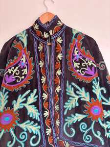 Handcrafted Embroidered Cotton <b>Jacket</b>: Multicolor Floral Paisley Suzani <b>Kantha</b> Embroidery Handmade Coat Floral Velvet <b>Jacket</b> - Product Image 5