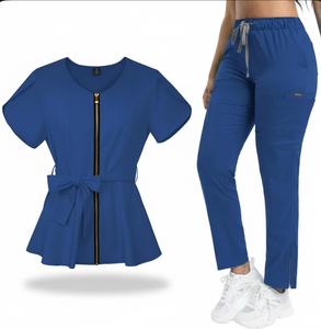 ชุดสครับแพทย์หญิง เสื้อสครับแบบมีซิปด้านหน้าพร้อมเข็มขัด กางเกงสครับทรงจ็อกเกอร์ ชุดยูนิฟอร์มพยาบาล แพทย์ ดูแลสุขภาพ ทันสมัย สำหรับโรงพยาบาล - Product Image 3