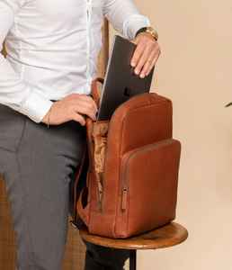 Premium Brown Leather Zipper <b>Backpack</b> <b>Laptop</b> Bag Unisex Business Travel Vintage Water Resistant Eco-Friendly Fits 15 Inch - Product Image 2