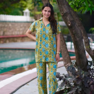 <b>Women</b> Summer Outfit Block Print Pure Cotton Day Wear Co-ord Set Shirt and <b>Trouser</b> Set Holiday Wear Summer Outfit Slit <b>Trousers</b> - Product Image 1