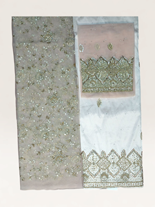 Blush Pink Luxury Beaded George <b>Fabric</b> with Gold Floral Embroidery & Matching Blouse for Bridal Wear - Product Image 2