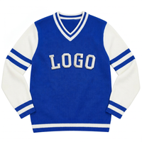 Pull-over bleu à col en V pour femme, manches longues, logo lettré, 100 % acrylique, style preppy, coupe classique, pour l'automne
