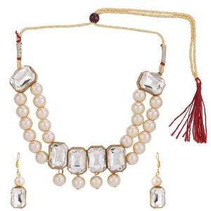Wholesale Indian Jewelry Set Antique White <b>Crystal</b> Faux Pearl Beads Choker <b>Necklace</b> Earrings Jewelry Set - Product Image 1