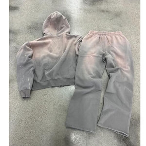 Ensemble de jogging à capuche zippé avec broderie en détresse et lavage à l'acide personnalisé survêtement respirant et lourd survêtement pantalon évasé - Product Image 6