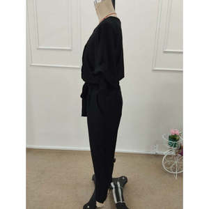 Women's Short Sleeve Collared Front Buttoned Crinkle Blouse and <b>Trousers</b> Two-Piece Set, 34912 - Black - Product Image 5
