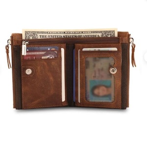 กระเป๋าสตางค์หนังวินเทจสำหรับผู้ชายหนังแท้แบบมีซิปยาวสั้นพร้อมกระดุมพับได้ - Product Image 2