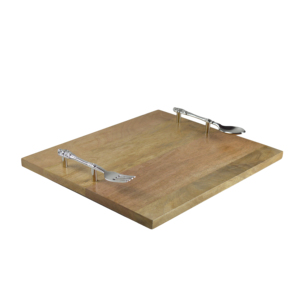 Plateau de service en bois naturel fait à la main, de forme ronde, pour servir des aliments, des gâteaux, des fruits, avec poignée en métal - Product Image 2