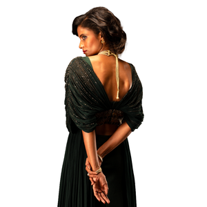 Conjunto de 3 Piezas de Chaqueta con Drapeado Verde Esmeralda de Lujo, Ropa Étnica de Diseñador para Mujer, Conjunto Coordinado - Product Image 3