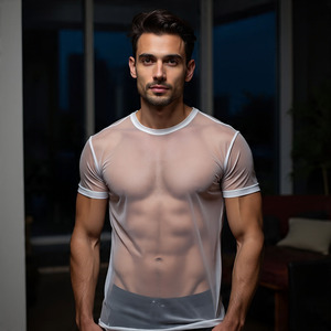 T-shirts en maille transparente OEM pour hommes T-shirts de nuit sexy transparents col en V pour hommes T-shirts à manches courtes pour hommes - Product Image 3