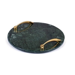 Plateau à fromage en pierre de marbre Plateau de service en marbre vert rond décoratif Plateau en marbre pour bijoux avec poignées dorées - Product Image 3