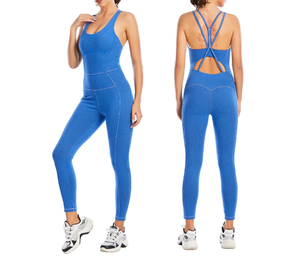 Combinaison de yoga à logo personnalisé à sangle croisée évacuant rapidement l'humidité nouvelle combinaison de yoga pour femmes barboteuse de yoga bleue vêtements pour femmes - Product Image 6