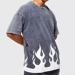 Men's Oversized Acid Wash Cotton T-<b>Shirt</b> With <b>Flame</b> Print Street Style Short Sleeve O-Neck Jersey Tee - Product Image 1