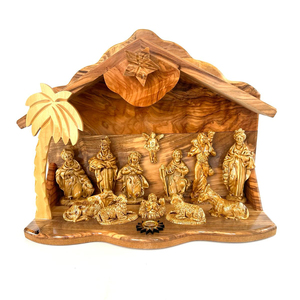 Meilleur ensemble artisanal de Noël fait main de haute qualité et durable, à poser sur étagère, en bois d'olivier, motifs grotte de Bethléem Palestine - Product Image 1
