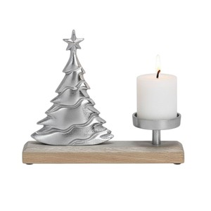 Modern Silver Metal Christmas Tree <b>Tea</b> <b>Light</b> <b>Candle</b> Holder With Wooden Base Handcrafted Home Table Centerpiece Festive Decor - Product Image 2