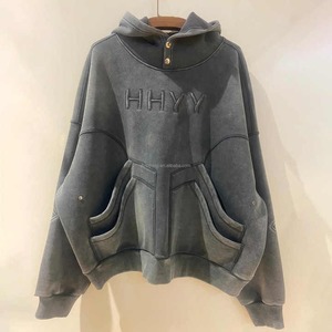 Sudadera con capucha y cremallera de algodón 100% de 350 g, estilo streetwear, con bordado 3D, efecto desgastado y corte holgado, fabricada a medida. - Product Image 2