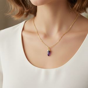 Trendy Amethyst Small Bullet Shape <b>Gold</b> Plated Pendant Sterling Silver Link <b>Chain</b> Necklace for Engagement Wedding & Party - Product Image 4