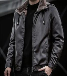 Nouvelle veste en cuir décontractée mince pour hommes avec col en fourrure coupe-vent à capuche automne hiver Style Streetwear grande taille disponible - Product Image 3