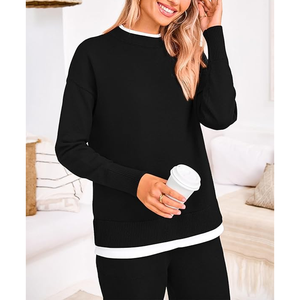 ชุดวอร์ม2ชิ้นสำหรับผู้หญิงชุดวอร์มเสื้อสเวตเตอร์ถักแขนยาวกางเกงขากว้าง - Product Image 4